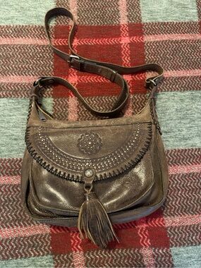 Patricia Nash Distressed Brown Leather Crossbody Bag with Tassel
